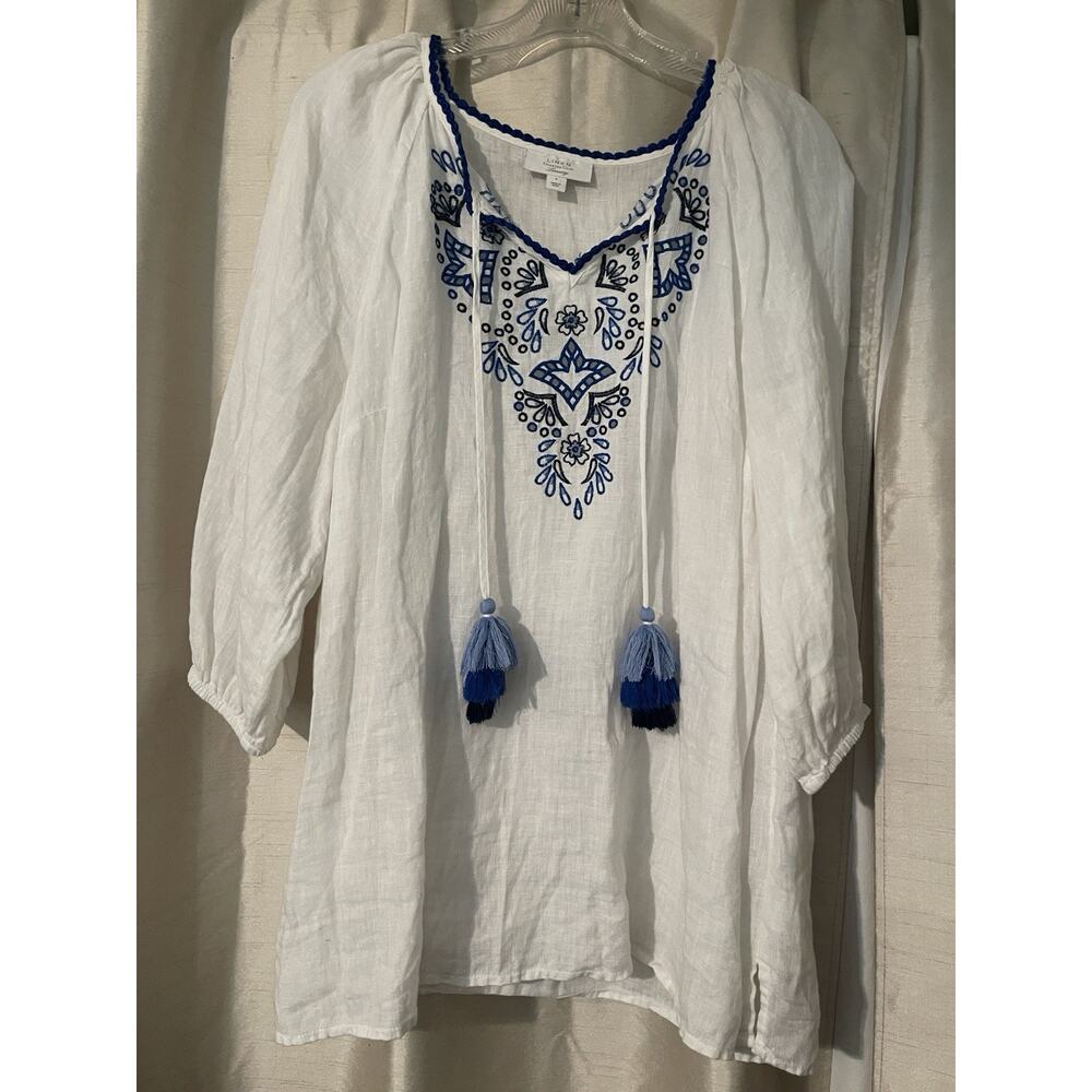 Charter Club Luxury Linen Embroidered Boho Top White Blue Embroidery Size Large